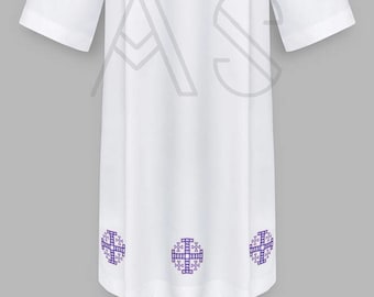 White alb with embroidered purple crosses