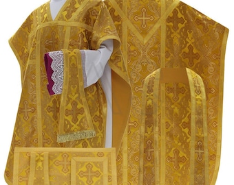 May include: A gold liturgical vestment set with a chasuble, stole, and burse. The fabric features a repeating pattern of crosses and ornate designs.