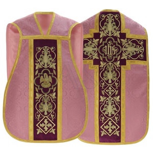 Rose Roman chasuble with matching stole, maniple, burse and chalice veil - Low Mass set