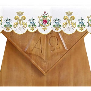 Embroidered altar cloth for church with Marian motives