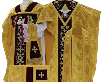 May include: A gold and burgundy liturgical vestment set with embroidered floral designs and a dove with rays of light. The set includes a chasuble, stole, and a burse.