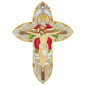 May include: A gold cross with a white background and a depiction of Jesus Christ on the cross. God the Father is depicted above Jesus, with the Holy Spirit in the form of a dove above God the Father.