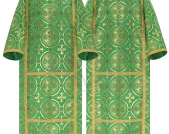 May include: A green liturgical vestment with a gold pattern of crosses and circles. The vestment has a square neckline and long sleeves.
