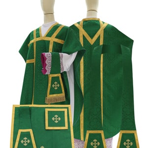 May include: A green liturgical vestment set with gold trim and embroidered crosses. The set includes a chasuble, stole, and two burse.
