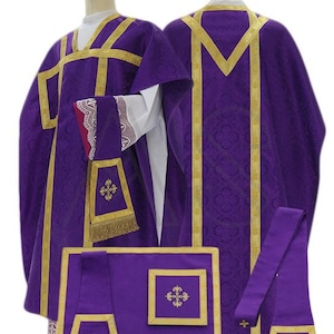 May include: A purple liturgical vestment set with gold trim and embroidered crosses. The set includes a chasuble, stole, maniple, and burse.