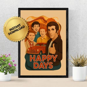 Happy Days Digital Poster, 70s TV Show Wall Art, Retro Pop Culture Printable Decor, Vintage Classic Series Paper Art Fan Art Download