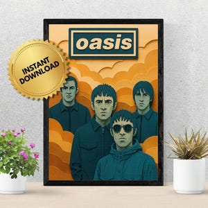 Oasis Poster - Paper Art Style, Printable Digital Download, Britpop Wall Art