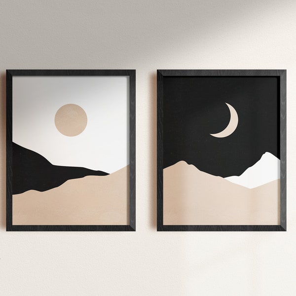 Boho Sun And Moon Print Set Of 2, Mid Century Modern Wall Art Print Set Of 2, Printable Wall Art Abstract Landscape, Modern Digital Download