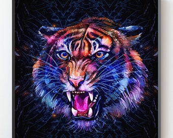 Tiger1C3 | Abstracte Tiger Art | Tiger Wall Art | Kleurrijke Tiger Art | Night Sky Art | Tiger Print | Tijger | Tiger Decor | Tiger Lover Cadeau