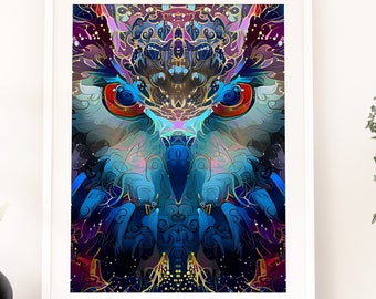 Owl03C1 / Arte abstracto del búho / Arte de la pared del búho / Arte colorido del búho / Estampado de búho / Decoración del búho / Regalo del amante del búho / Impresión del cielo nocturno