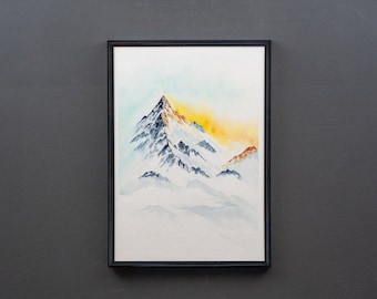 Aquarelle originale, 21 x 29,7 cm (A4). Aquarelle coucher de soleil enneigé dans les Alpes, Art original de paysage de montagne peint à la main, décoration murale