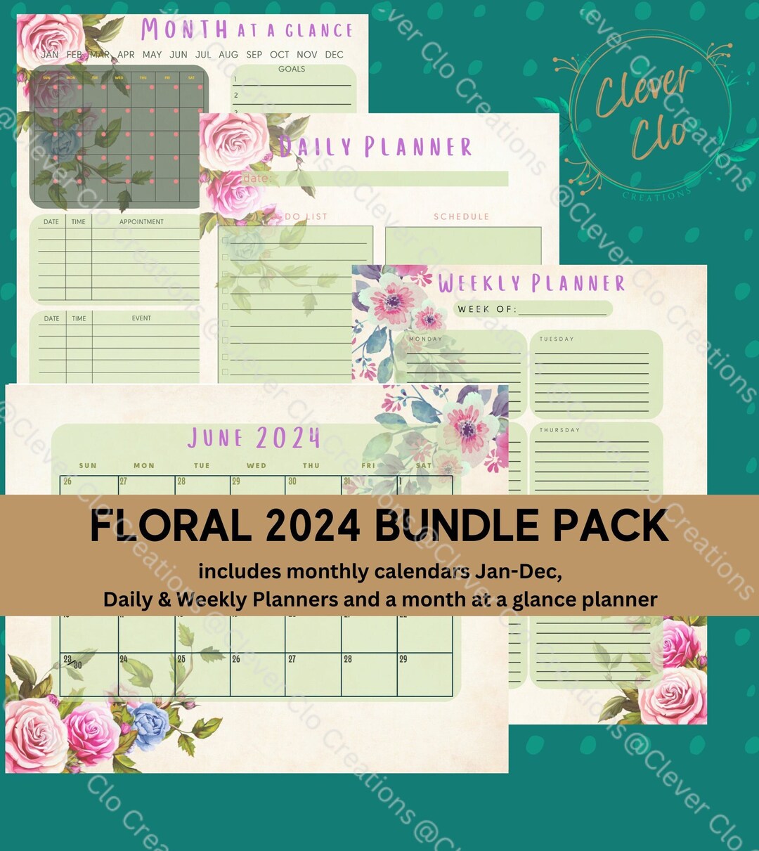 Floral Bundle, 2024 Calendar Printable, Monthly Calendar 2024