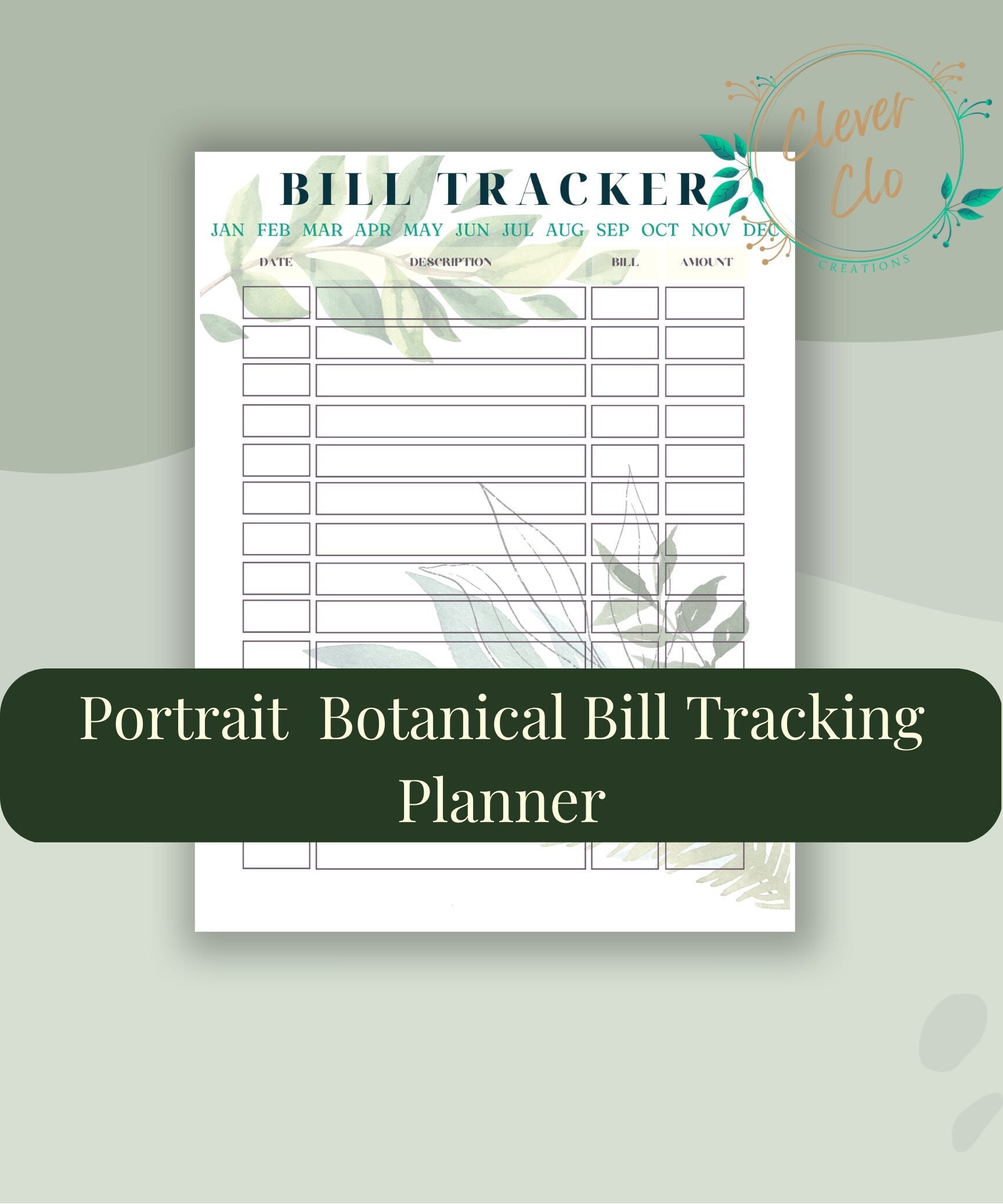 Botanical Monthly Bill Organizer Template Template - Printable PDF