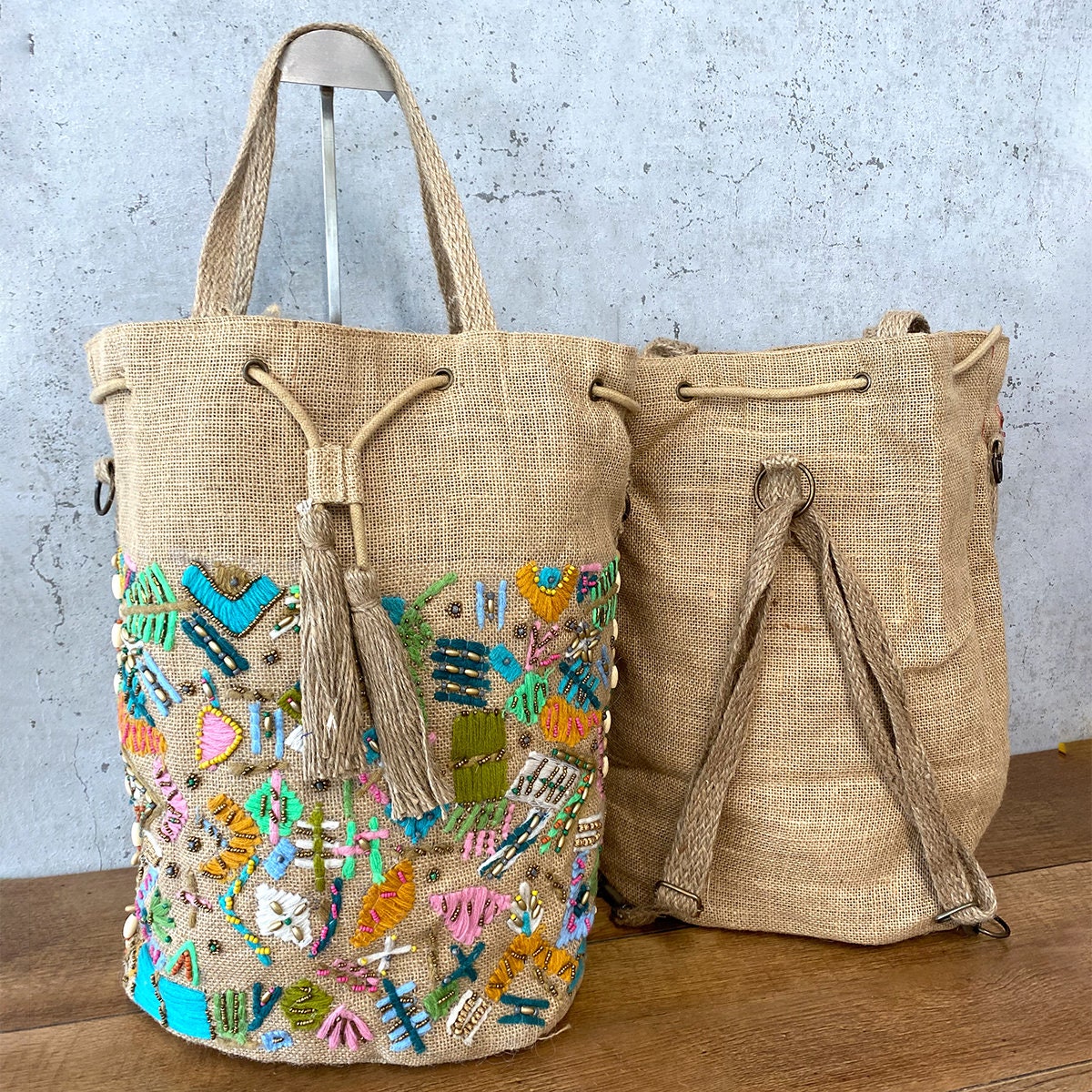 Handmade Jute Bag Backpack, Ecological Bag Bag, Patterned  display picture 3