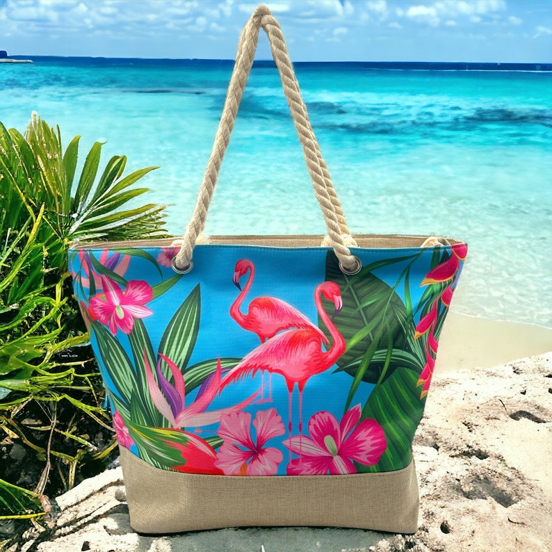 Strandtasche wasserdicht, Badetasche Ibiza, Damen Shopper, Beach Bag mir Reißverschluss, Groß XXL, für Urlaub, Strand, Schwimmbad Flamingo Blau