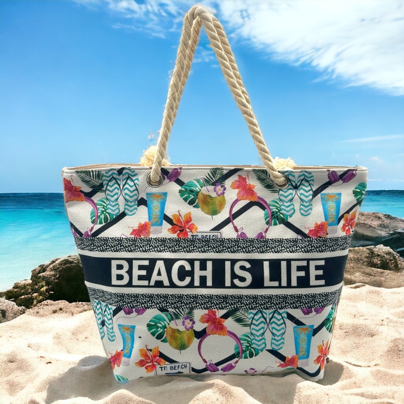 Strandtasche wasserdicht, Badetasche Ibiza, Damen Shopper, Beach Bag mir Reißverschluss, Groß XXL, für Urlaub, Strand, Schwimmbad Beach is life