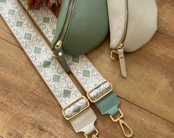 Leather fanny pack set 25cmx15cmx8cm beige / mint green gold with wide strap, shoulder bag, crossbody bag Made in Italy belt bag