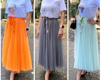 Long tulle skirt with bow, 2 layers, elastic waistband, A-line cut with opaque petticoat