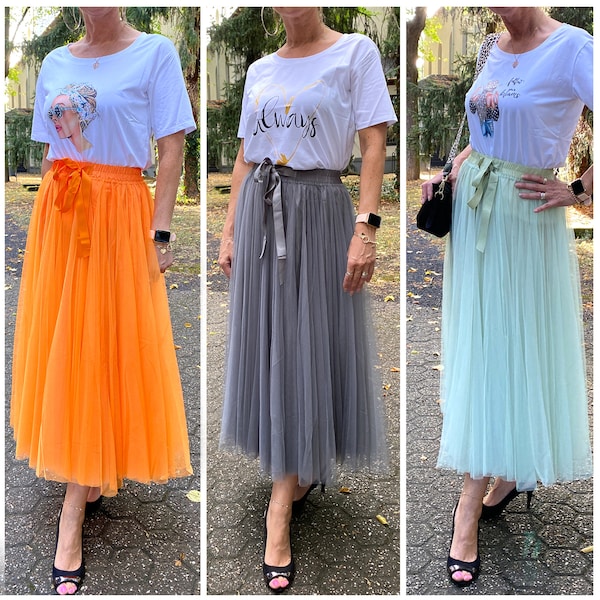 Long tulle skirt with bow, 2-layered with elastic waistband, A-line cut with opaque underskirt