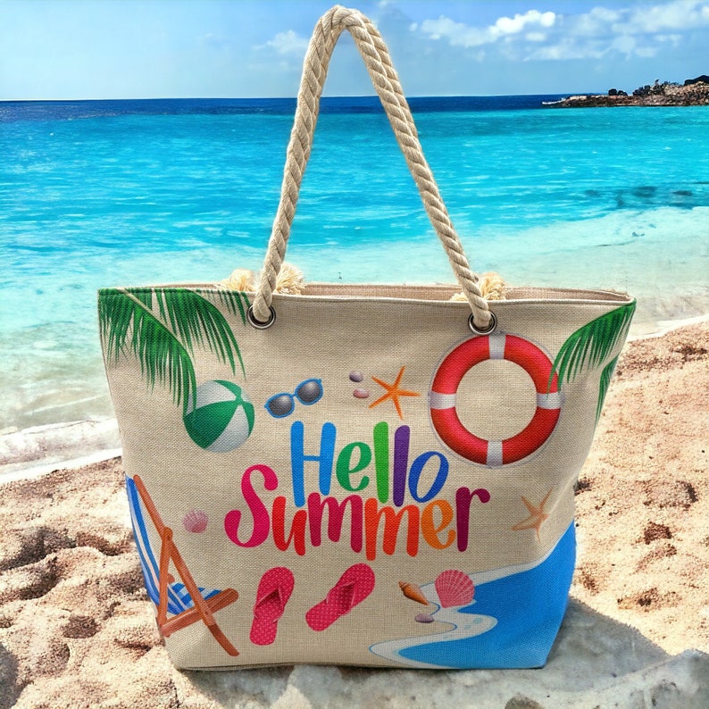 Strandtasche wasserdicht, Badetasche Ibiza, Damen Shopper, Beach Bag mir Reißverschluss, Groß XXL, für Urlaub, Strand, Schwimmbad Hello Summer