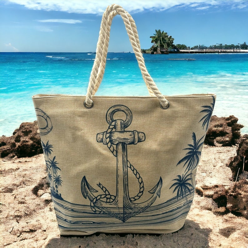 Strandtasche wasserdicht, Badetasche Ibiza, Damen Shopper, Beach Bag mir Reißverschluss, Groß XXL, für Urlaub, Strand, Schwimmbad Anker