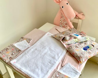 Set matelas à langer nomade / tapis à langer de voyage + trousse pour bébé en coton