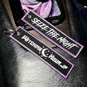 Seize The Night Keychain Jet Tag for Car Purple JDM Key Chain Nocturnal Auto Accessory Dark Gothic Style Custom Gift Unique Design Trendy