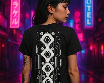 May include: Black t-shirt with a white graphic on the back. The design includes interconnected geometric shapes and the numbers 07, 62, 48, and 11. The shirt is short-sleeved.