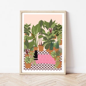 Digital Download of a Black Cat, Pink rug, tiled floor, hot house plants, Printable, Cat Lover Gift, Instant Download, Various Sizes. image 1