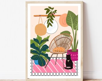 Digital Download of a Black Cat, Pink Rug, Rattan Boho chair and Plants, Printable, Cat Lover Gift, Instant Download, Various Sizes.