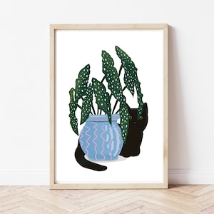 Digital Download of a Black Cat and Begonia Maculata in a Blue Pot, Printable, Cat Lover Gift, Instant Download, Various Sizes. image 1