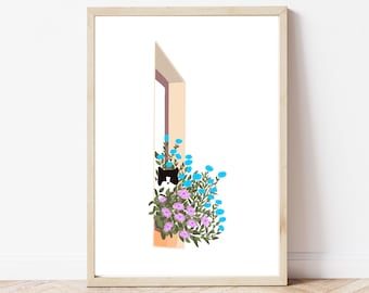 Digital Download of a Black Cat looking out a window, box of flowers, Printable, Cat Lover Gift, Instant Download, Various Sizes.