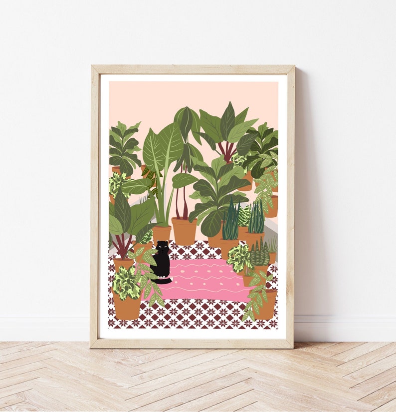 Digital Download of a Black Cat, Pink rug, tiled floor, hot house plants, Printable, Cat Lover Gift, Instant Download, Various Sizes. image 1