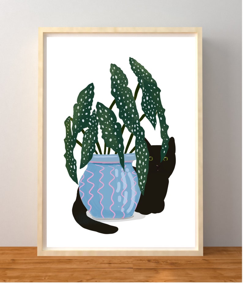 Digital Download of a Black Cat and Begonia Maculata in a Blue Pot, Printable, Cat Lover Gift, Instant Download, Various Sizes. image 6