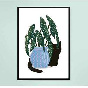 Digital Download of a Black Cat and Begonia Maculata in a Blue Pot, Printable, Cat Lover Gift, Instant Download, Various Sizes. image 5