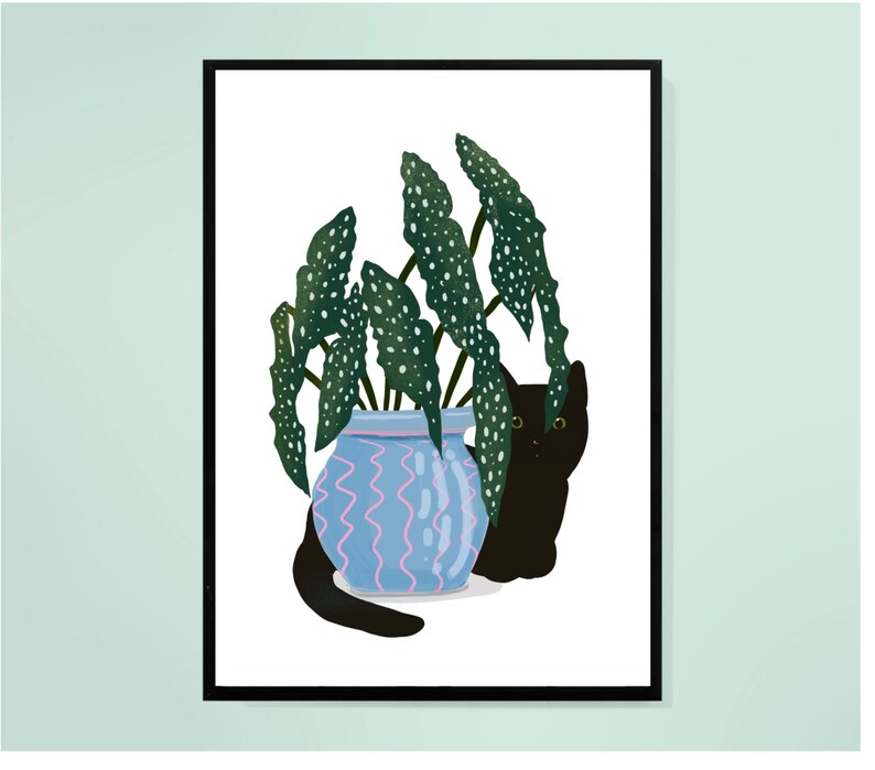 Digital Download of a Black Cat and Begonia Maculata in a Blue Pot, Printable, Cat Lover Gift, Instant Download, Various Sizes. image 5