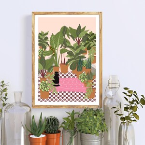 Digital Download of a Black Cat, Pink rug, tiled floor, hot house plants, Printable, Cat Lover Gift, Instant Download, Various Sizes. image 4