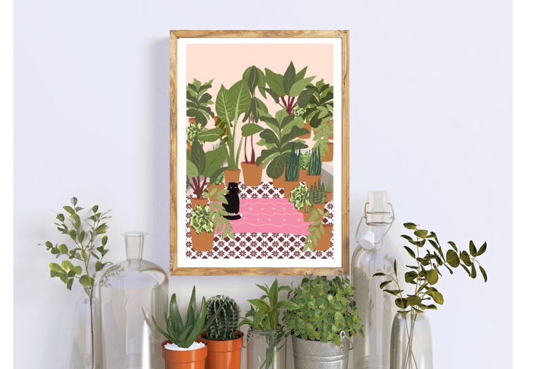 Digital Download of a Black Cat, Pink rug, tiled floor, hot house plants, Printable, Cat Lover Gift, Instant Download, Various Sizes. image 4