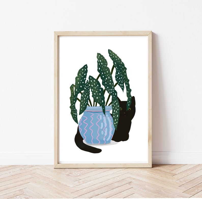 Digital Download of a Black Cat and Begonia Maculata in a Blue Pot, Printable, Cat Lover Gift, Instant Download, Various Sizes. image 1