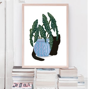 Digital Download of a Black Cat and Begonia Maculata in a Blue Pot, Printable, Cat Lover Gift, Instant Download, Various Sizes. image 3