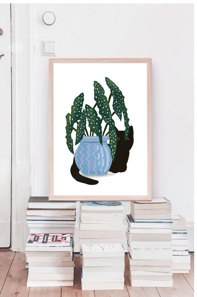 Digital Download of a Black Cat and Begonia Maculata in a Blue Pot, Printable, Cat Lover Gift, Instant Download, Various Sizes. image 3