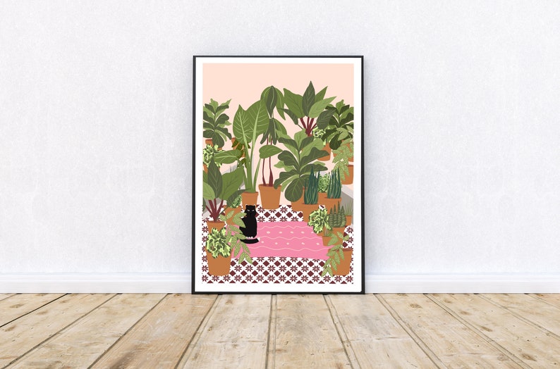 Digital Download of a Black Cat, Pink rug, tiled floor, hot house plants, Printable, Cat Lover Gift, Instant Download, Various Sizes. image 3