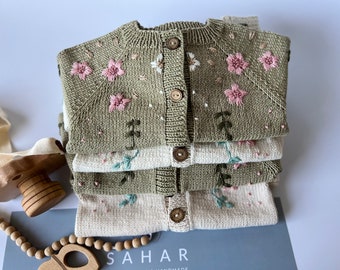 Cardigan with flower details /Embroidered jacket /Knit cardigan/Handmade