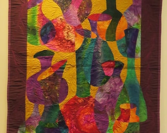 Gewatteerde landschapsmuurdecoratie: kleurrijke potten kunstquilt – Fabric Art Home Decor