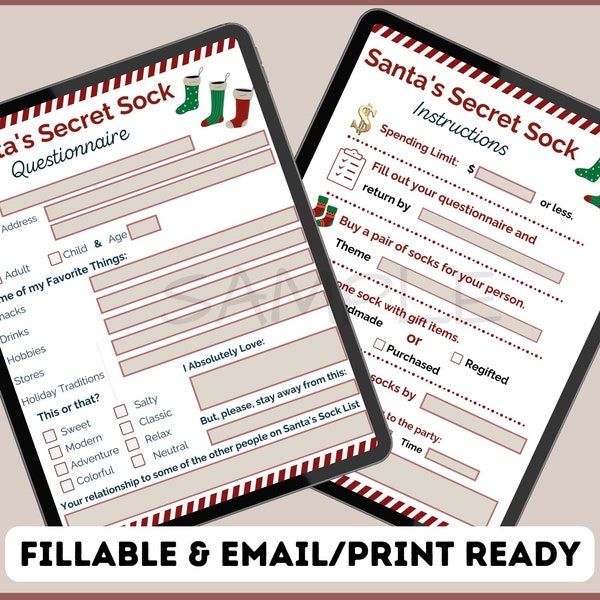 FILLABLE Secret Santa Sock Gift Exchange Questionnaire WITH Fillable Instruction Page,