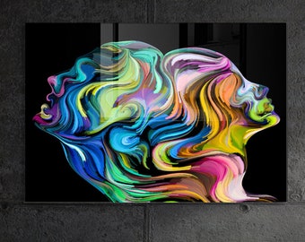 May include: Abstract art print featuring two colorful, swirling faces against a black background.