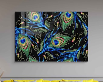 Peacock Feathers Tempered Glass Wall Art, Wall Hangings, Home Decor, Living Room Decor, Bedroom Decor, Office Decor Gift
