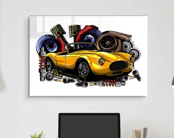 May include: A yellow sports car surrounded by various car parts, including a red brake rotor, a silver turbocharger, and a silver exhaust manifold. The car is on a white background.