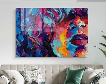 Abstract Woman Face Wall Art, Tempered Glass Wall Art, Anniversary Gift, Living Room Wall Decor, New Home Gift, Oil Painting Glass Printing