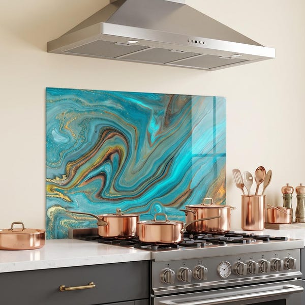 Blue Abstract Kitchen Backsplash, Tempered Glass Stove Wall Cover Protector